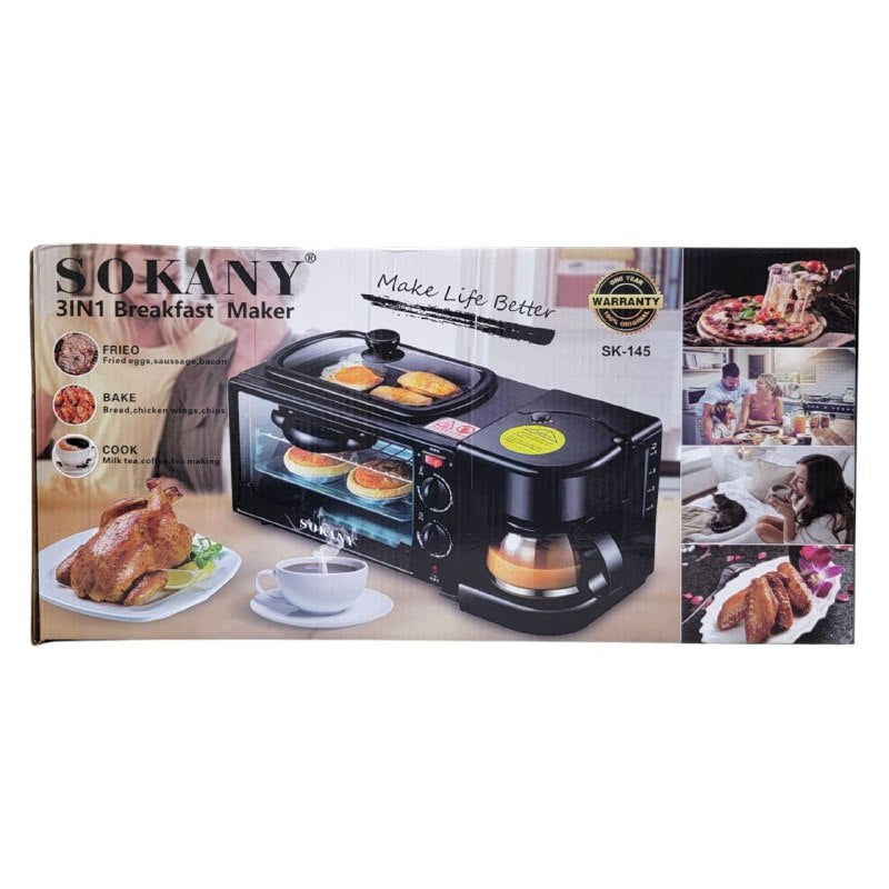 MAQUINA DE DESAYUNO 3 EN 1, HORNO, CAFETERA Y PLANCHA SK-145 SOKANY