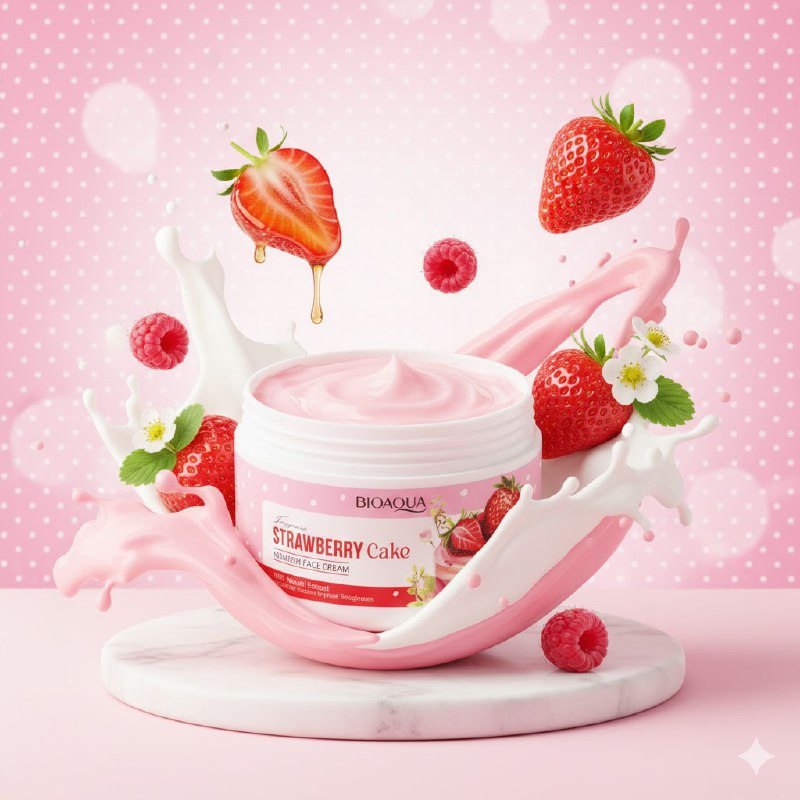 CREMA FACIAL CON FRAGANCIA DE PASTEL DE FRESA HIDRATANTE 100G, NUTRE E HIDRATA PROFUNDAMENTE LA PIEL, CALMANDOLA Y PROTEGIENDOLA CONTRA LA SEQUEDAD, DEJANDOLA SUAVE Y AROMATICA BIOAQUA