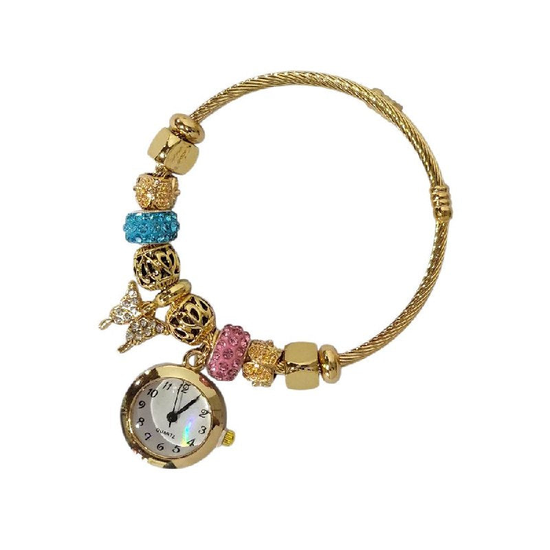 RELOJ ECONOMICO ESTILO PANDORA PARA DAMA DE ACERO CON BAÑO DE ENCHAPE