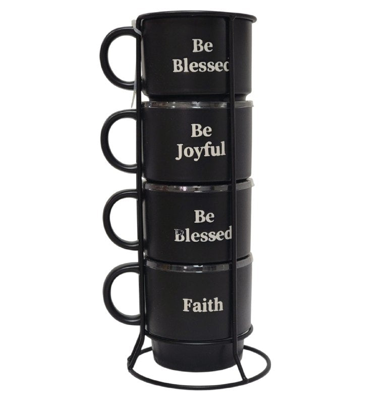 JUEGO DE 4 TAZAS DE CAFE APILABLES CON ESTANTE DE METAL ELEGANTES DE FE 9X10CM