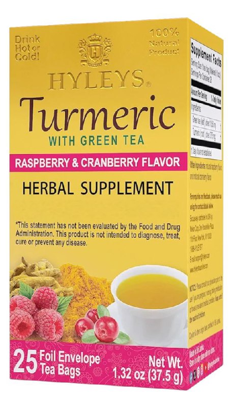 TE VERDE DE TURMERIC RAIZ SECA SABOR FRAMBUESA Y ARANDANO HYLEYS 25UND