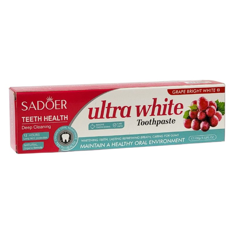 PASTA DE DIENTES, DE UVA BLANCA, DEJA BRILLANTE LOS DIENTES, ELIMINA MANCHAS DIFICILES Y EL SARRO BLANDO, DIENTES AMARILLOS, BLANQUEA Y ABRILLANTE LOS DIENTES CUIDA LAS ENCIAS Y REFRESCA EL ALIMENTO SADOER 100G