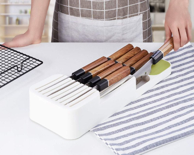 ORGANIZADOR DE CUCHILLOS DE COCINA, MANTEN LOS CUCHILLOS ORDENADOS CON DISEÑO DE 2 NIVELES, AHORRA ESPACIO EN CAJON