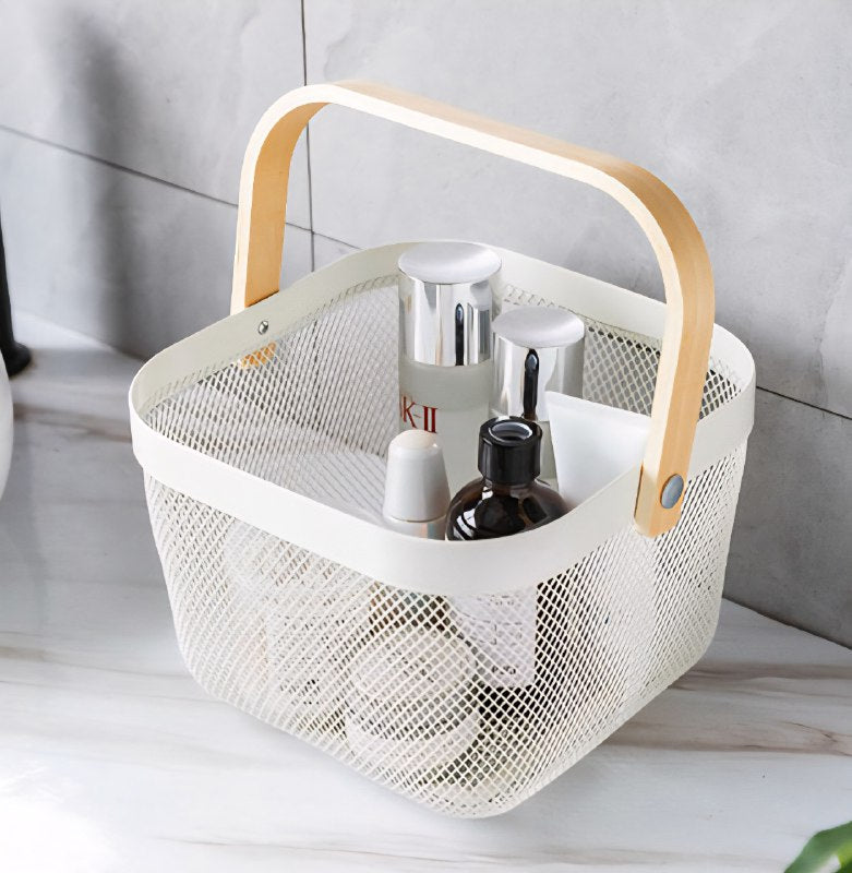 CANASTA ORGANIZADORA DE ALMACENAMIENTO MULTIUSOS CON ASA DE MADERA NATURAL, DISEÑADA PARA ORGANIZAR Y DECORAR CUALQUIER ESPACIO DEL HOGAR 4 COLORES