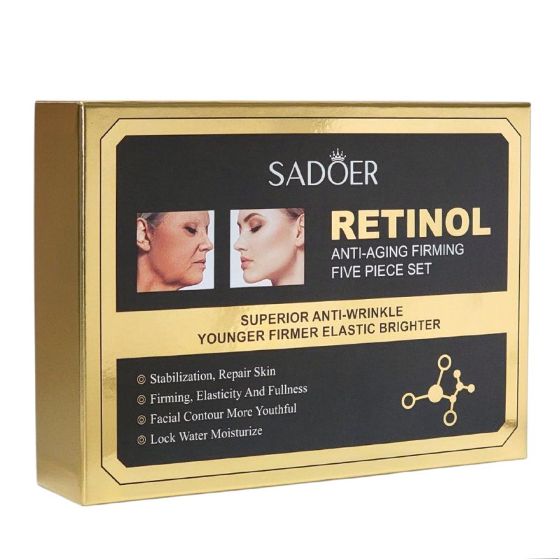 SET DE CUIDADO FACIAL DE RETINOL DE 5 PIEZAS, EFECTO REAFIRMANTE, ANTIEDAD Y ANTIARRUGAS SADOER RETINOL