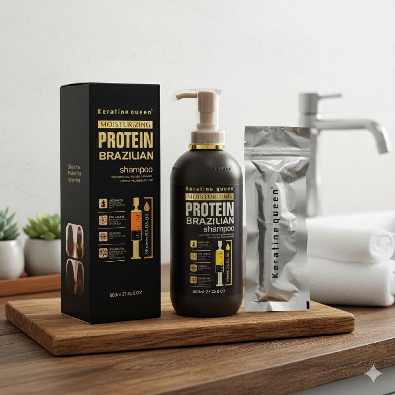 SHAMPOO DE PROTEINA BRASILEÑA CON RIQUEZA EN PROTEINAS Y ACEITE DE ARGAN KERATINE QUEEN 800ML