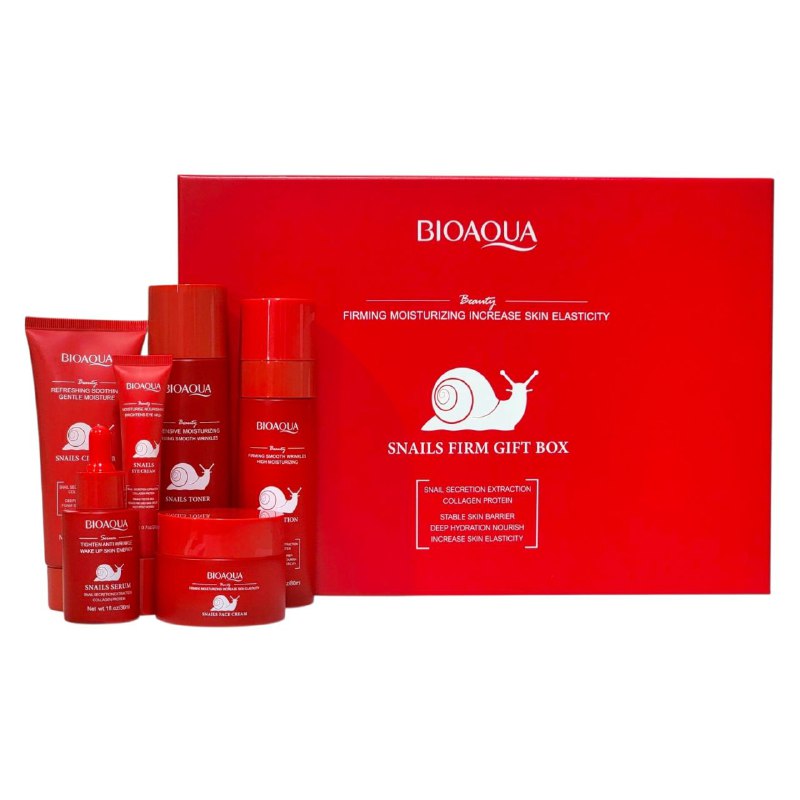 SET DE CUIDADO FACIAL DE BABA DE CARACOL DE 6 PIEZAS, REAFIRMANTE, HIDRATANTE Y AUMENTA LA ELASTICIDAD CON COLAGENO BIOAQUA SNAILS FIRM