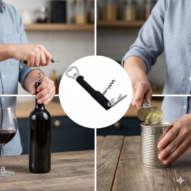 MAQUINA SACA CORCHO, ABRELATAS Y DESTAPADOR MULTIFUNCIONAL 3 EN 1 METALICO DAILY