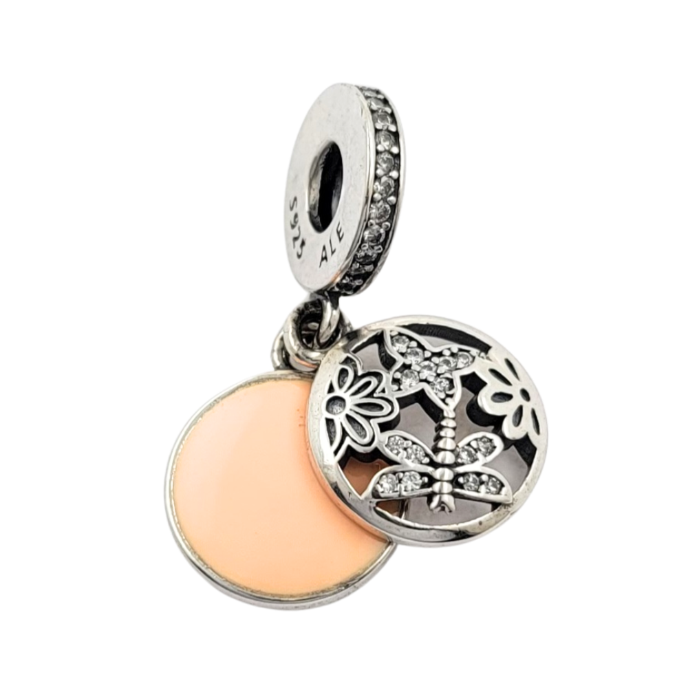 PCHARM1988 COLGANTE DOBLE CON FONDO NARANJA LIBELULA Y MARIPOSA