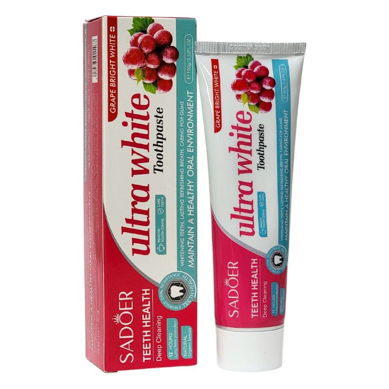 PASTA DE DIENTES, DE UVA BLANCA, DEJA BRILLANTE LOS DIENTES, ELIMINA MANCHAS DIFICILES Y EL SARRO BLANDO, DIENTES AMARILLOS, BLANQUEA Y ABRILLANTE LOS DIENTES CUIDA LAS ENCIAS Y REFRESCA EL ALIMENTO SADOER 100G