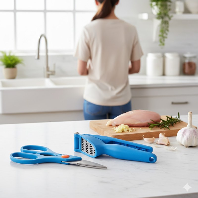 TIJERAS DE COCINAA EN SET MULTIUSOS Y PRENSA DE AJOS E ACERO INOXIDABLE QUE CORTAN CARNES, HIERBAS Y VERURAS, 4 COLORES