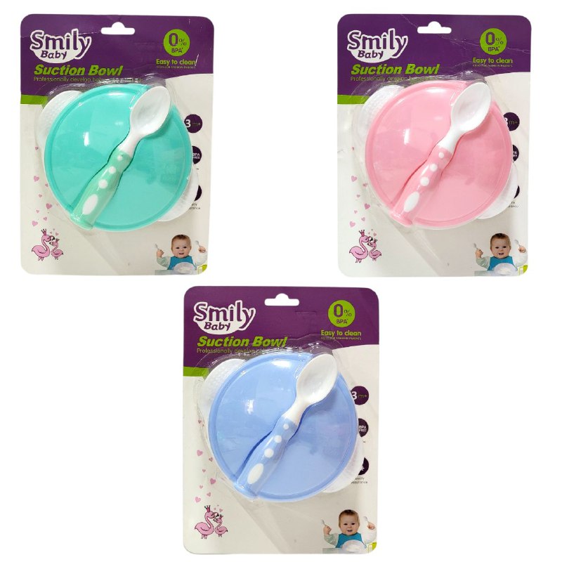 PLATO EN SET INFANTIL PARA BEBES, TAZON DE SUCCION A PARTIR DE 3 MESES DE EDAD, BASE DE SUCCION QUE EVITA DERRAMES SMILY BABY 3 COLORES