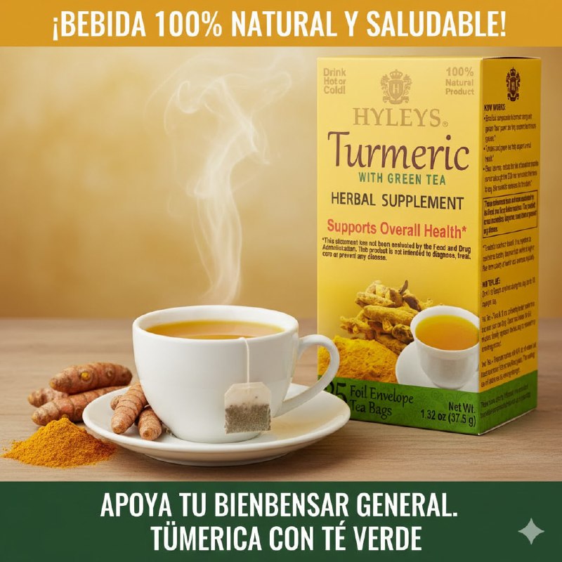 TE DE CURCUMA CON TE VERDE, FAVORECE LA SALUD GENERAL, REFUERZAN EL SISTEMA INMUNITARIO, REDUCE EL RIESGO DE CANCER DE MAMA O PROSTATA HYLEYS 25UND
