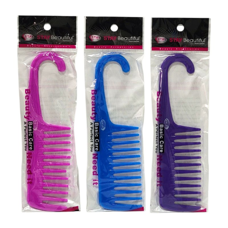 CEPILLO PEINE DE DIENTES ANCHOS PLASTICO, PARA DESENREDAR EL CABELLO RIZADO, LARGO O SECO 3 COLORES STAY BEAUTIFUL