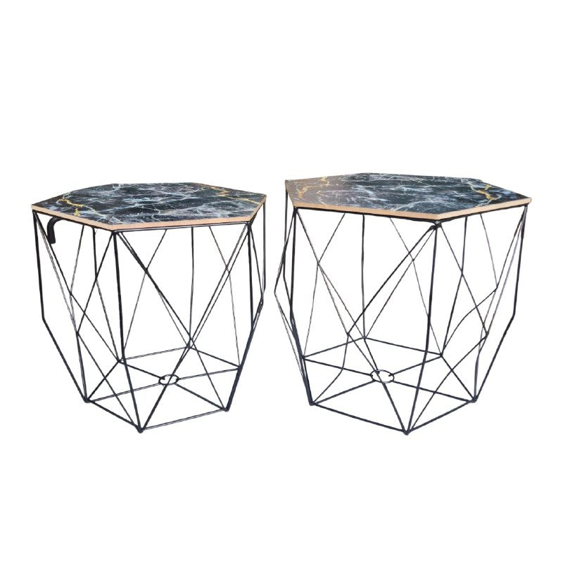 MESA COMEDOR EN SET DE 2 MESAS DECORATIVAS METALICAS DORADAS CON ACABADO MARMOL COLOR NEGRO
