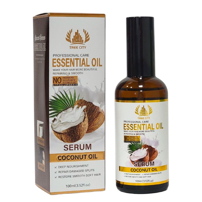 ACEITE PARA EL CABELLO DE ESENCIA DE COCO, CABELLO MAS HERMOSO, RAPARADO Y SUAVE, PENETRA PROFUNDAMENTE Y NUTRE, DA BRILLO Y ELASTICIDAD, PUNTAS ABIERTAS Y DAÑADAS TREE CITY ESSENTIAL OIL 100ML
