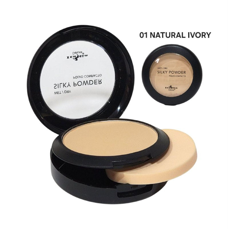 POLVO COMPACTO LIGERO, COBERTURA LIGERA TONO 01 NATURAL IVORY ITALIA DELUXE WET/DRY SILKY POWDER 8G