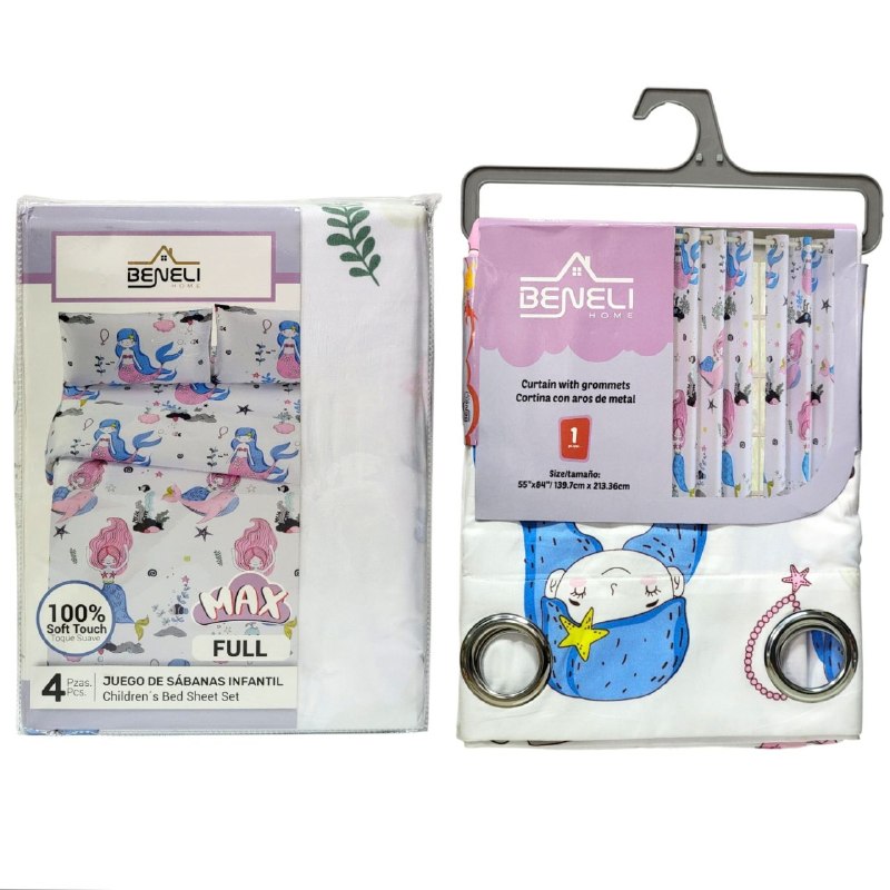 JUEGO DE SABANAS MATRIMONIAL EN SET CON CORTINAS PARA NIÑAS DE 6 PIEZAS SIRENAS BENELI HOME
