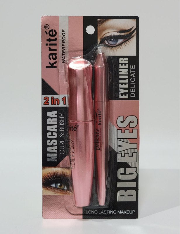 MASCARA PARA PESTAÑAS RIMEL 2 EN 1, MASCARA 15ML, DELINEADOR DE OJOS IMPERMEABLE LARGA DURACION 1ML KARITE