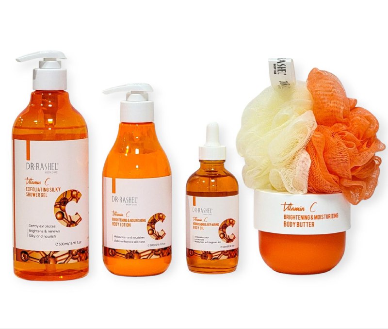 SET DE CUIDADO CORPORAL NUTRITIVO E ILUMINADOR CON VITAMINA C DE 4PCS DR. RASHEL BODY CARE