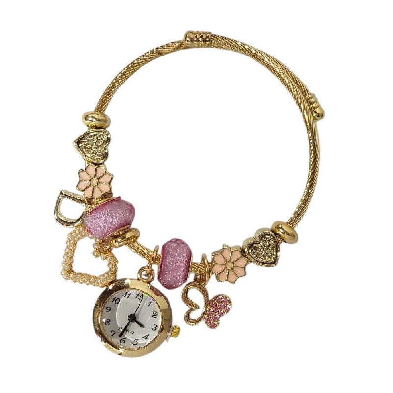 RELOJ ECONOMICO ESTILO PANDORA PARA DAMA DE ACERO CON BAÑO DE ENCHAPE