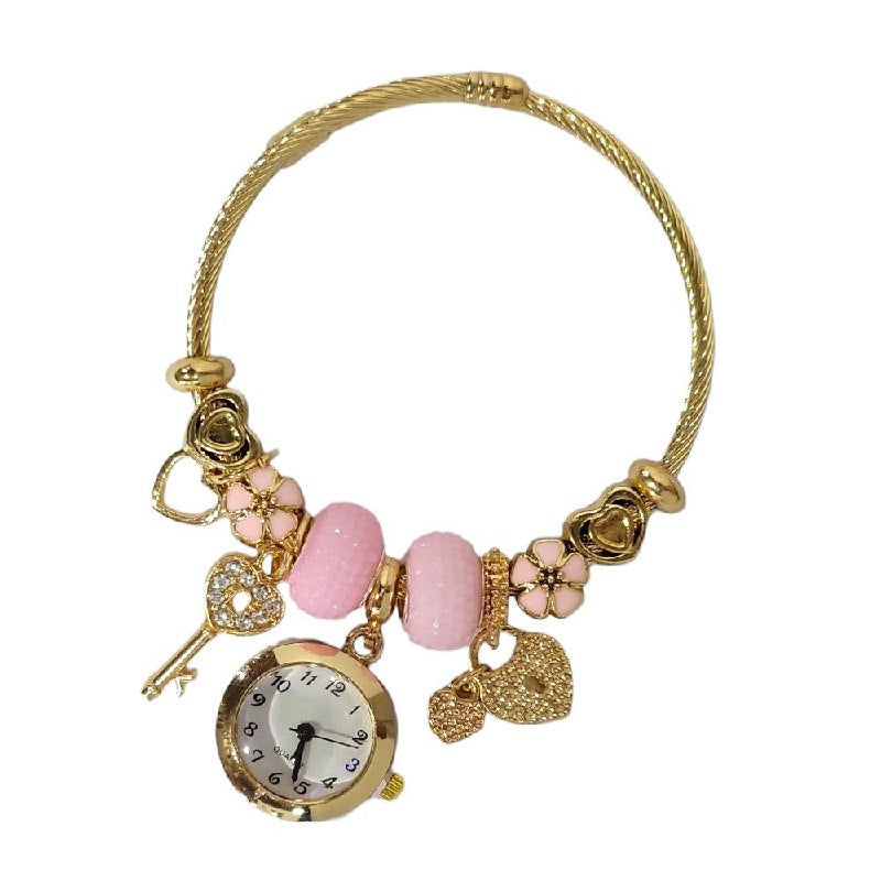 RELOJ ECONOMICO ESTILO PANDORA PARA DAMA DE ACERO CON BAÑO DE ENCHAPE