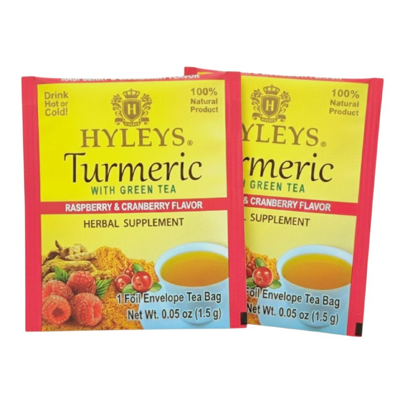 TE HERBAL DE CURCUMA Y TE VERDE, SABOR A FRAMBUESA Y ARANDANO PARA EL BIENESTAR GENERAL HYLEYS 25UND