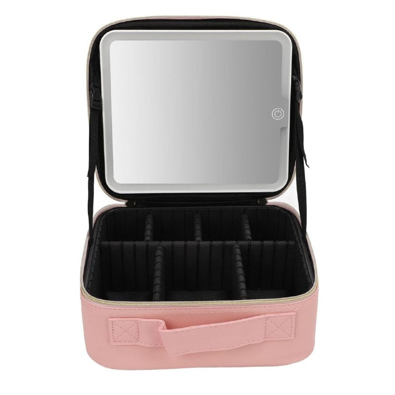 ESTUCHE ORGANIZADOR DE MAQUILLAJE CON ESPEJO LED 3 MODOS DE ILUMINACION, RESISTENTE AL POLVO Y AGUA, CORREA AJUSTABLE, 3 COLORES ACCESOIRES BEAUTE