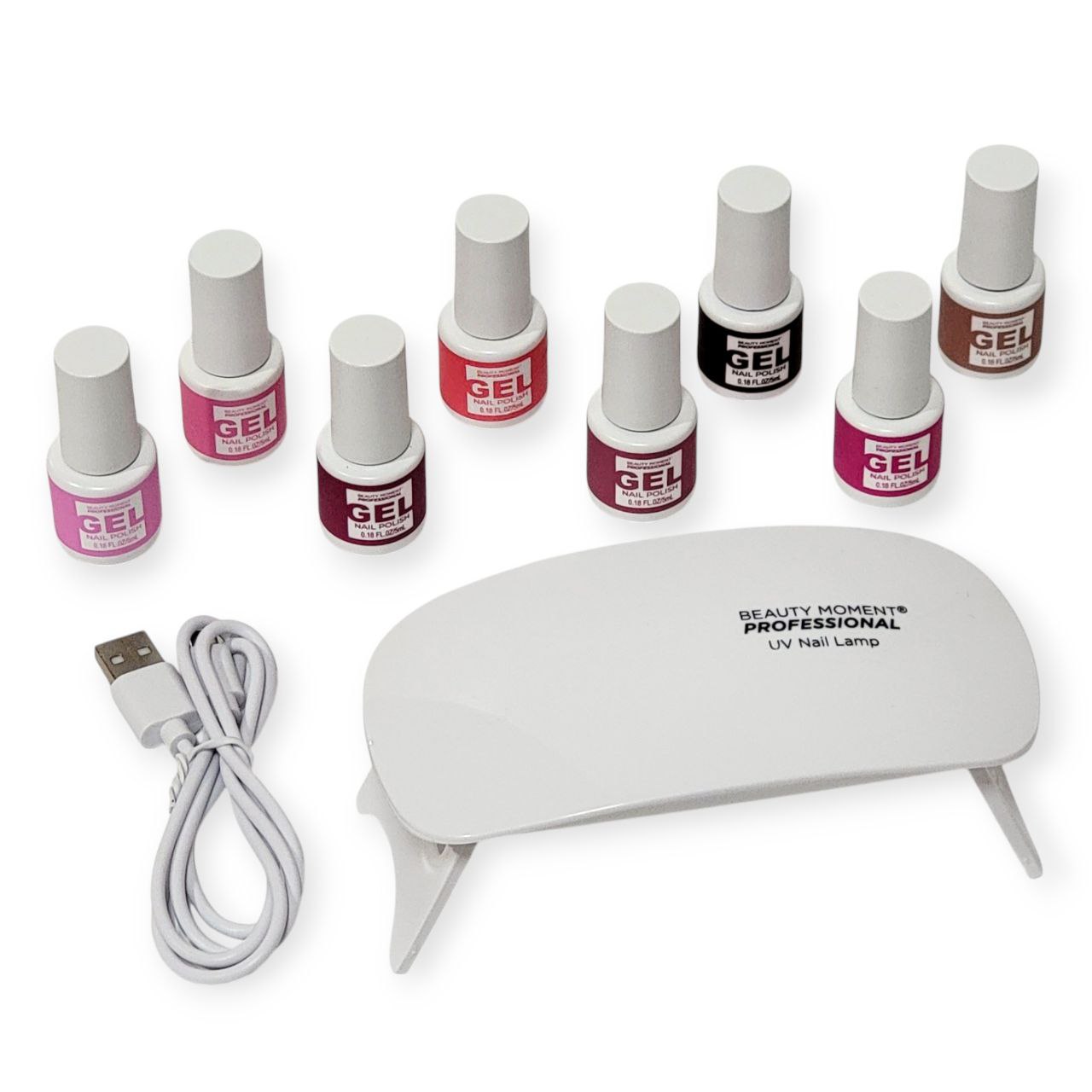SET DE ESMALTES DE GEL PROFESIONALES CON LAMPARA LED BEAUTY MOMENT 5MLX8