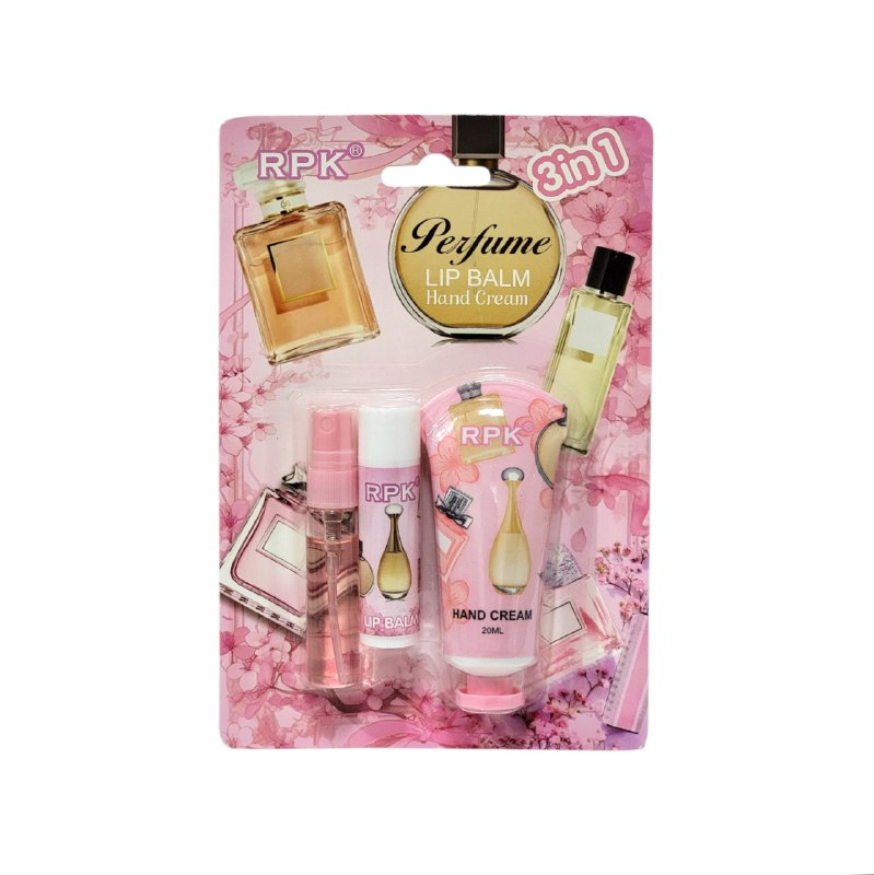 CREMA CORPORAL PARA MANOS EN SET CON PERFUME Y BALSAMO LABIAL RPK