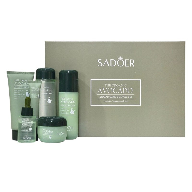SET DE CUIDADO FACIAL DE AGUACATE ORGANICO DE 6 PIEZAS, EFECTO HIDRATANTE, PIEL SUAVE Y TERSA SADOER THE ORGANIC AVOCADO