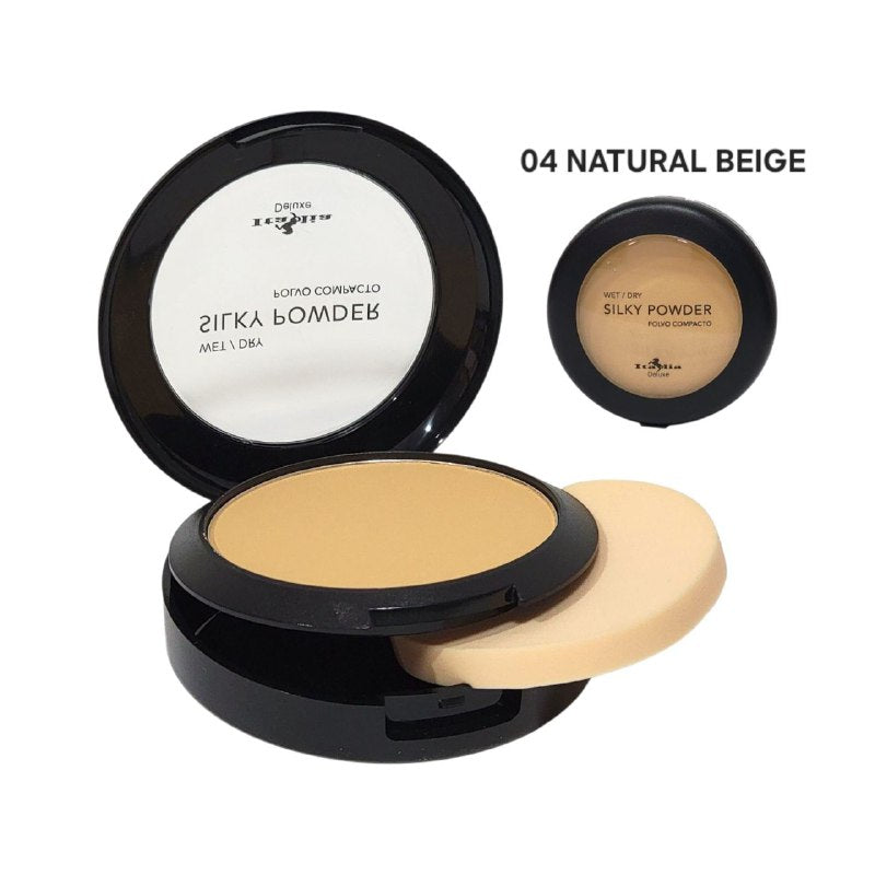 POLVO COMPACTO LIGERO, COBERTURA LIGERA TONO 04 NATURAL BEIGE ITALIA DELUXE WET/DRY SILKY POWDER 8G