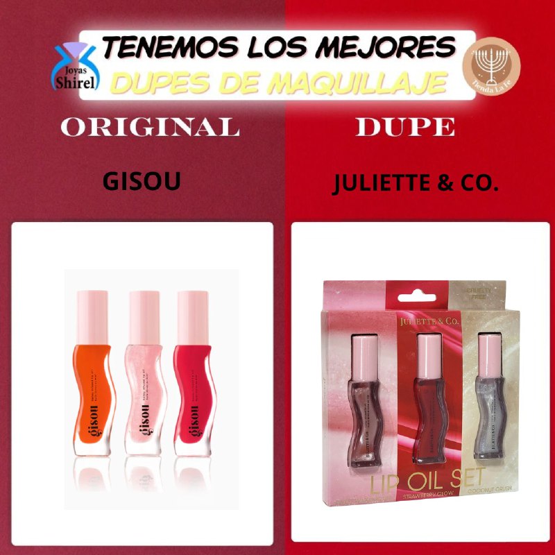 BRILLO LABIAL ACEITE EN SET DE 3 PIEZAS DUPE DE GISOU, INFUNDIDO CON MIEL QUE SUAVIZA E HIDRATA TODO EL DIA JULIETTE & CO 8MLX3