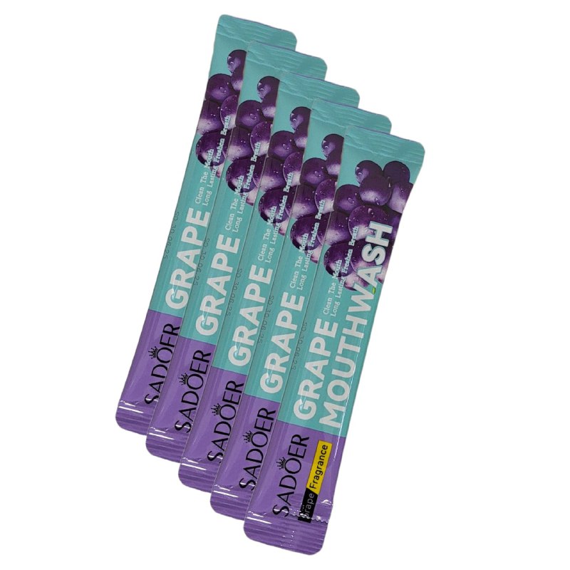 ENJUAGUE BUCAL PORTATIL CON SABOR A UVA DURACION 12 HORAS 20UND SADOER 10ML