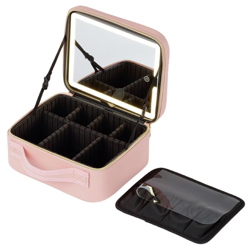 ESTUCHE ORGANIZADOR DE MAQUILLAJE CON ESPEJO LED 3 MODOS DE ILUMINACION, RESISTENTE AL POLVO Y AGUA, CORREA AJUSTABLE, 3 COLORES ACCESOIRES BEAUTE