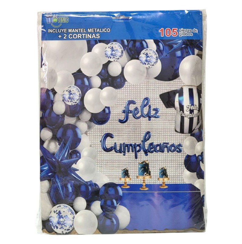 DECORACION PARA CUMPLEAÑOS EN SET COMPLETO, MANTEL METALICO, 2 CORTINAS, 105 GLOBOS