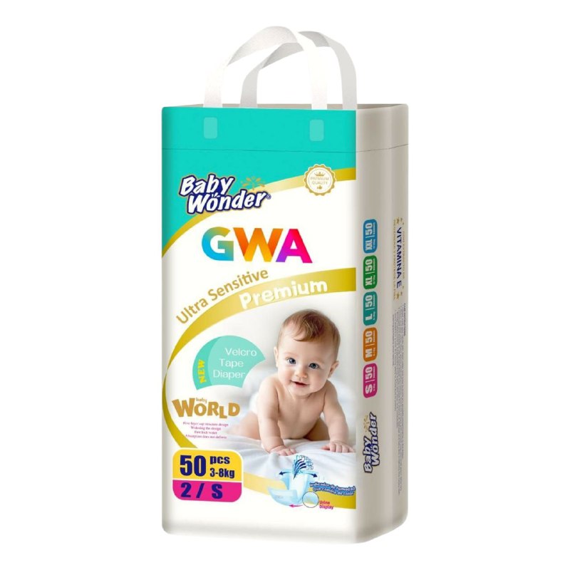 PAÑALES PARA NIÑOS PREMIUM CON TECNOLOGIA ABSORBENTE GWA 50UND TALLA 2/S DE 3-8KG