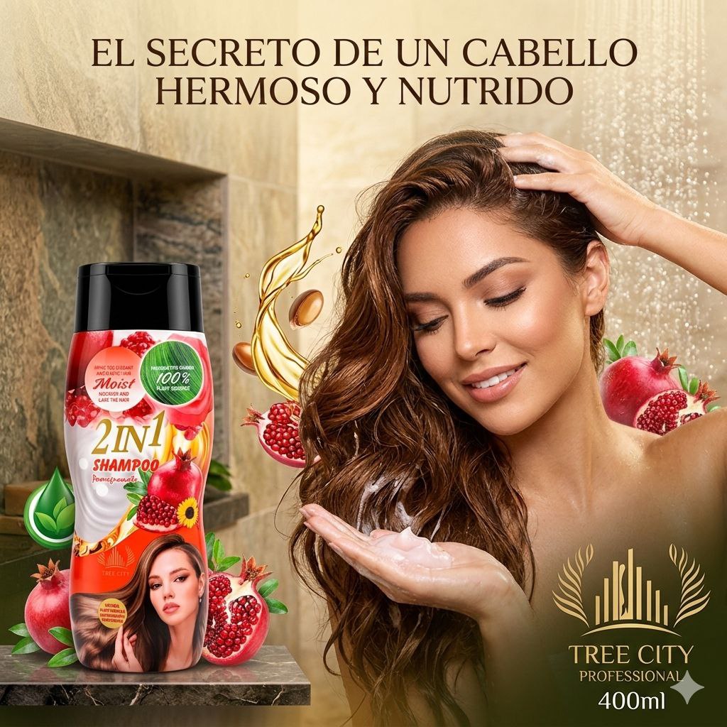 SHAMPOO 2 EN 1 CON EXTRACTO DE GRANADA LIMPIA Y SUAVIZA TREE CITY 400ML