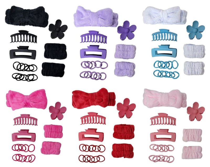 KIT DE CUIDADO FACIAL, GANCHOS, DIADEMA, COLAS Y MUÑEQUERAS, 6 COLORES