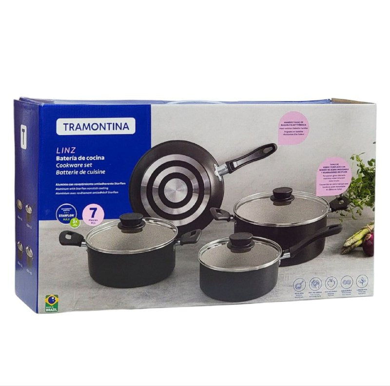 JUEGO DE COCINA DE 4 PIEZAS CACEROLAS OLLAS, SARTEN CON REVESTIMIENTRO ANTIADHERENTE STARFLON Y ACERO INOXIDABLE TRAMONTINA LINZ