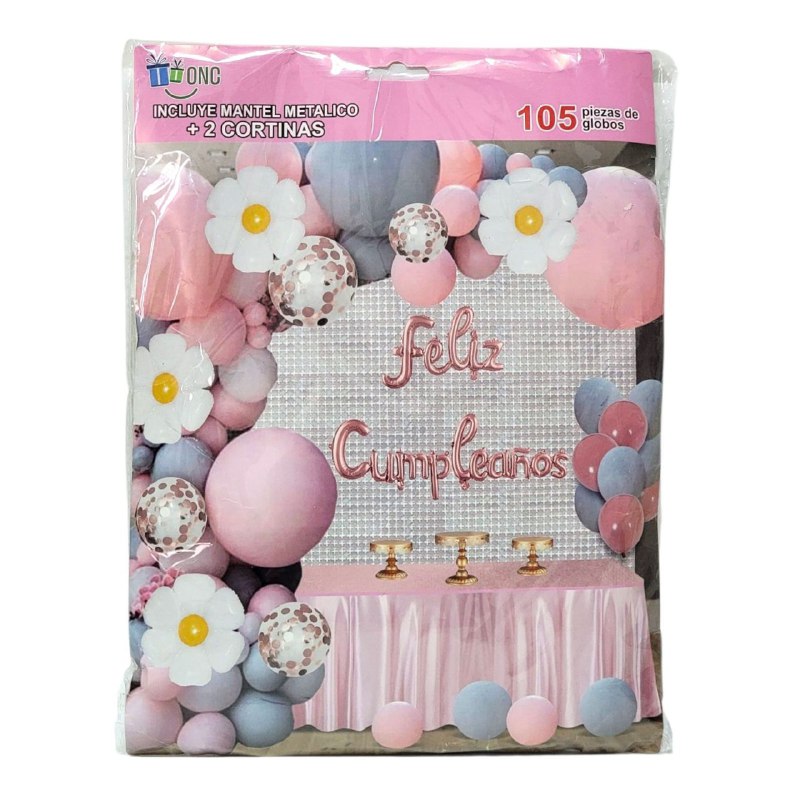 DECORACION PARA CUMPLEAÑOS EN SET COMPLETO, MANTEL METALICO, 2 CORTINAS, 105 GLOBOS