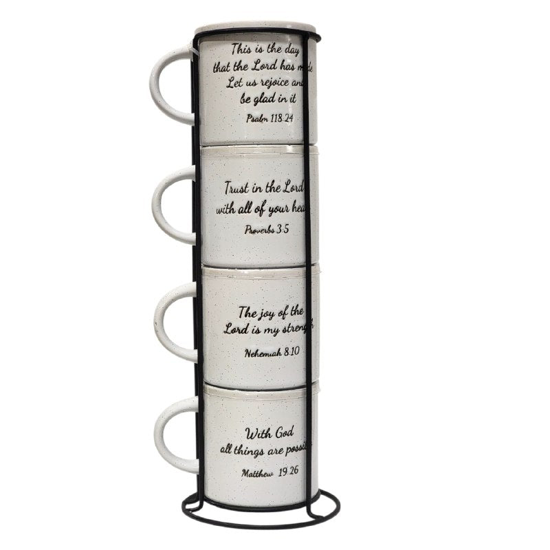 JUEGO DE 4 TAZAS DE CAFE APILABLES CON ESTANTE DE METAL ELEGANTES DE VERSICULOS BIBLICOS 9X10CM