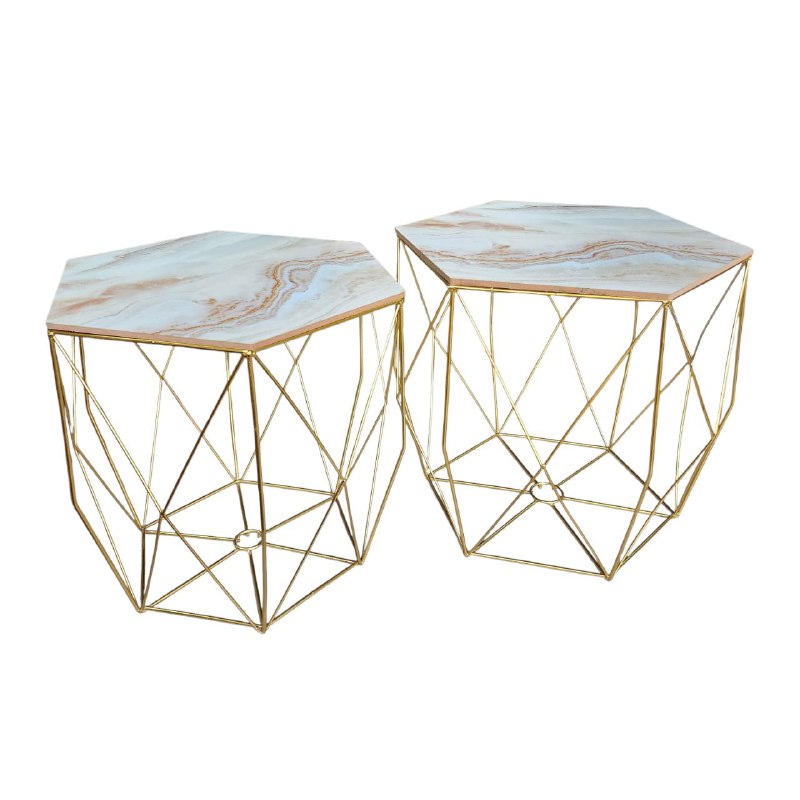MESA COMEDOR EN SET DE 2 MESAS DECORATIVAS METALICAS DORADAS CON ACABADO MARMOL COLOR CREMA