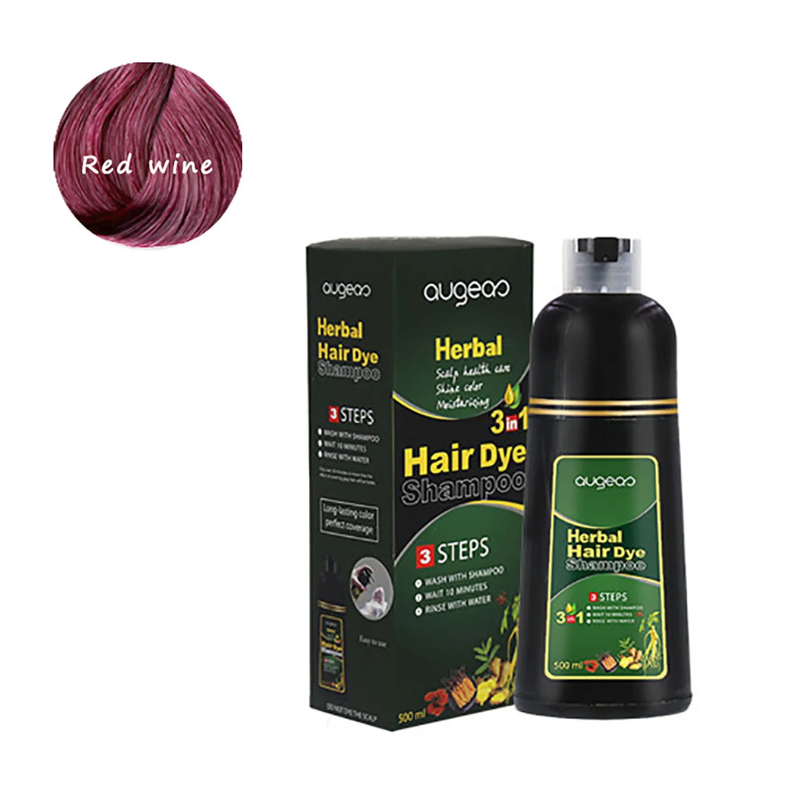 SHAMPOO TINTE PARA EL CABELLO 3 EN 1 AUGEAS COLOR ROJO VINO HERBAL HAIR 500ML