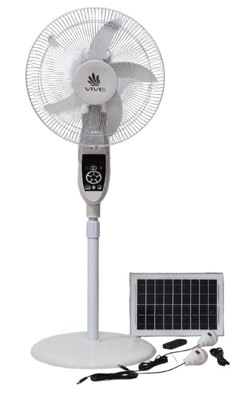 VENTILADOR RECARGABLE DE 16 PULGADAS. SOLAR, ALIMENTACION DOBLE CA/CC, MOTOR DE COBRE PURO, CONECTOR USB PARA CARGAR, OPERACION CC 6V, LUCES LED DE NOCHE, PANEL SOLAR 9V10W, SILENCIOSO, 9 OPCIONES VIVE