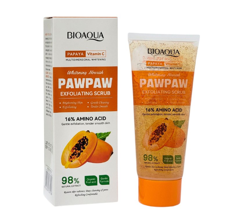 EXFOLIANTE CORPORAL ACLARANTE DE LIMPIEZA PROFUNDA DE POROS CON EXTRACTO DE PAPAYA Y VITAMINA C BIOAQUA 100G