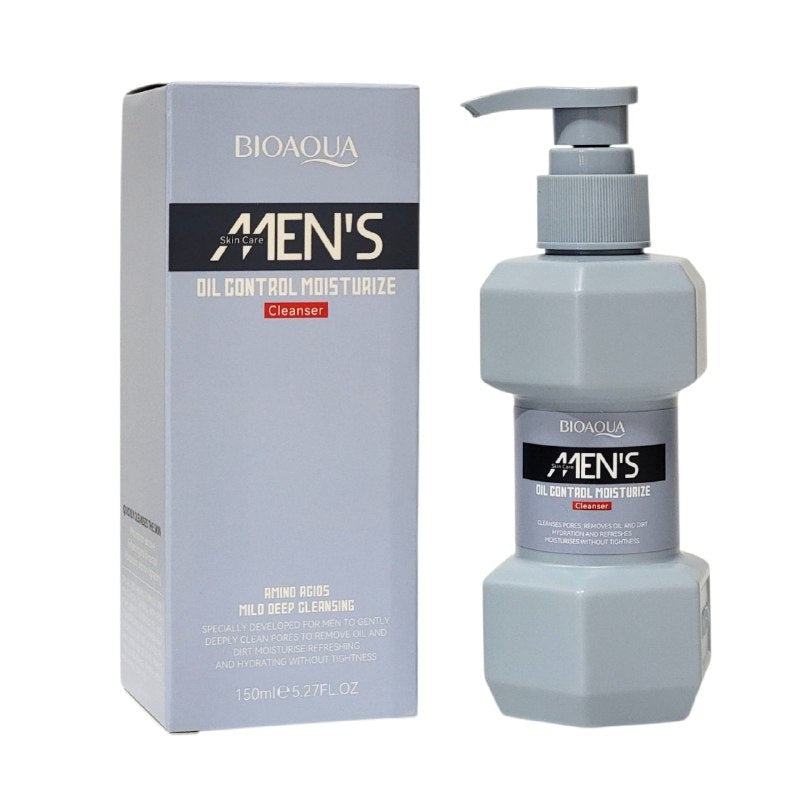 LIMPIADOR FACIAL PARA HOMBRES QUE CONTROLA EL EXCESO DE GRASA 150ML, OFRECE UNA FORMULA BOTANICA SUAVE QUE LIMPIA PROFUNDAMENTE SIN SECAR LA PIEL, CONTROLA LA GRASA MIENTRAS HIDRATA Y REFRESCA LA PIEL BIOAQUA