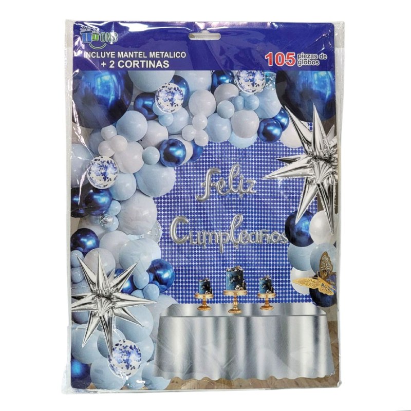 DECORACION PARA CUMPLEAÑOS EN SET COMPLETO, MANTEL METALICO, 2 CORTINAS, 105 GLOBOS