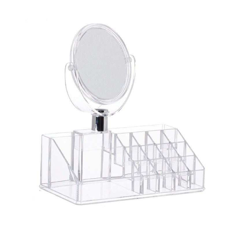 ORGANIZADOR DE MAQUILLAJE CON ESPEJO TRANSPARENTE DE ACRILICO 21X12X7CM