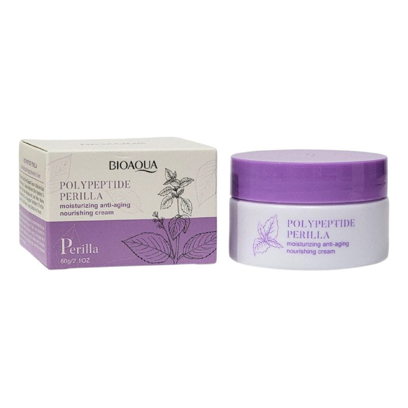 CREMA FACIAL DE POLIPEPTIDO PERILLA DE EFECTO HIDRATANTE ANTIENVEJECIMIENTO 60G, TEXTURA SUAVE Y SEDORA HIDRATA PROFUNDAMENTE LA PIEL, EQUILIBRA EL AGUA Y EL ACEITE DEJANDO LA PIEL SUAVE BIOAQUA